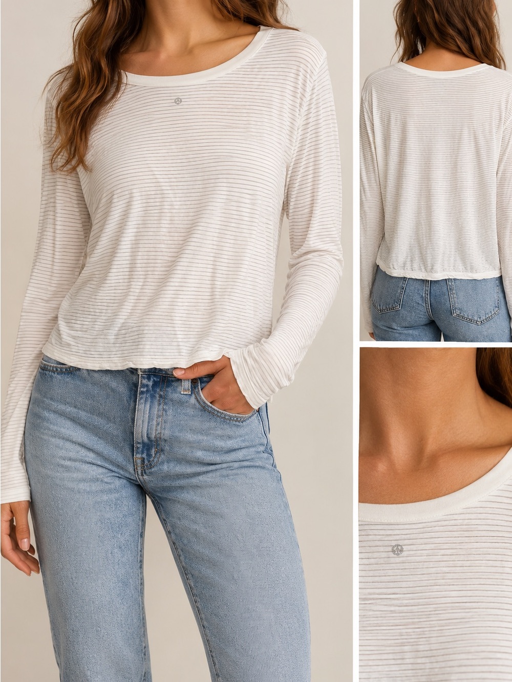 lululemon athletica Light Beige Striped Long Sleeve Top
